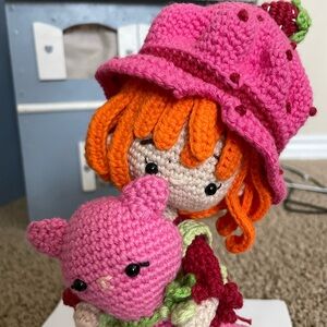 Handmade, Crocheted Strawberry Shortcake Doll with Custard the Cat